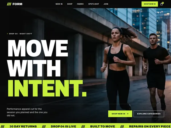 FORM concept home page, two runners at dusk behind heavy white and lime capitals.