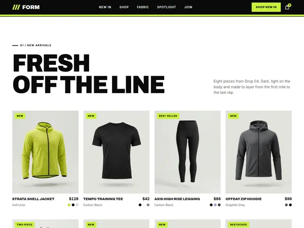 FORM product grid with a lime jacket, a black tee and black leggings.
