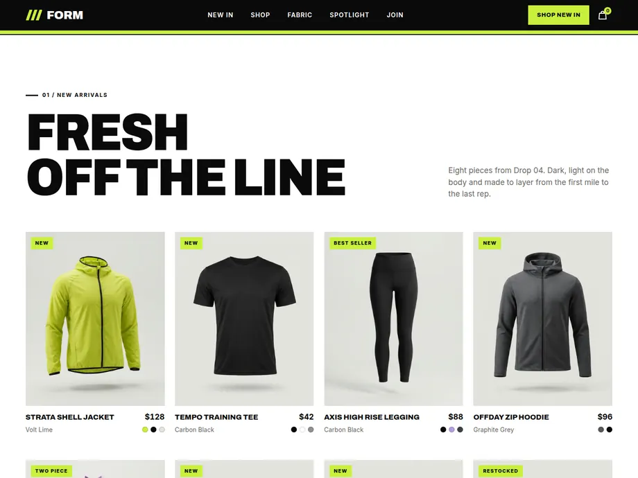 FORM concept product grid with a lime jacket, a black tee, black leggings and a grey hoodie, each with a name and a price.