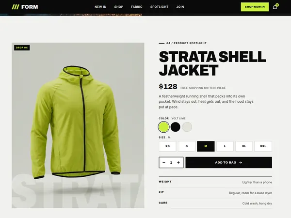 FORM fabric section, a runner beside a bold headline in white and lime.