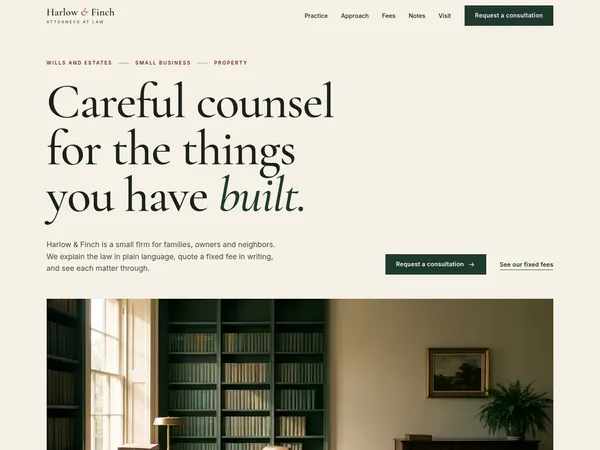 Harlow and Finch concept home page, a serif headline on cream above a photograph of a bookcase.
