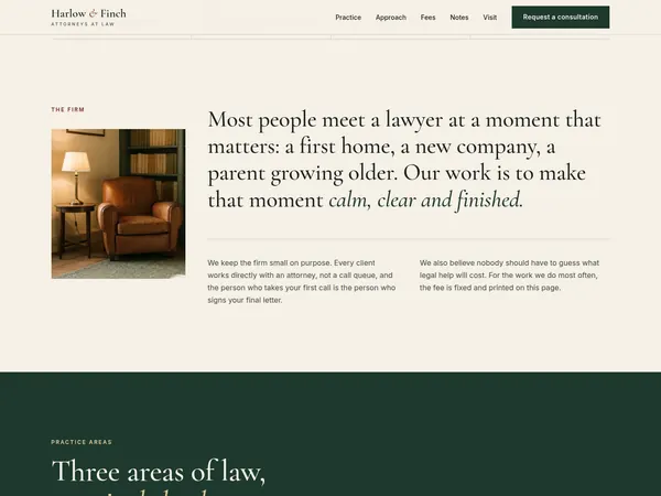 Harlow and Finch introduction in large serif type above a deep green band.