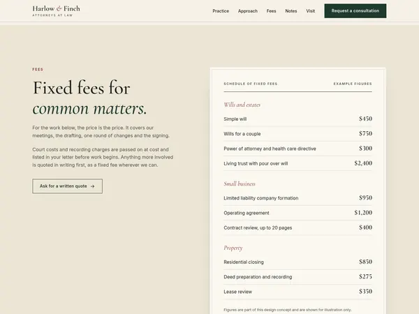 Harlow and Finch fees section with a printed schedule of fixed fees.