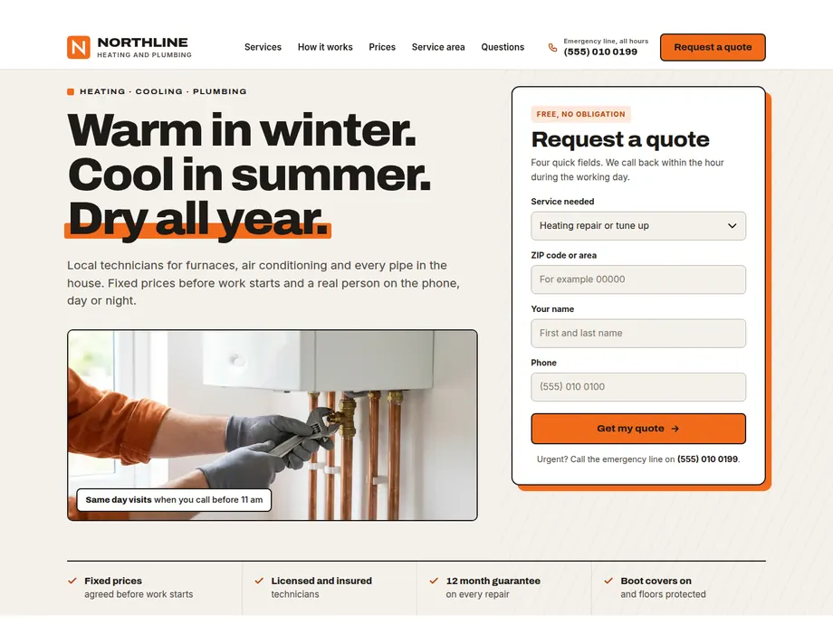 Northline concept home page with a bold headline and a quote request form outlined in orange.