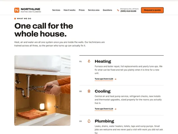Northline concept services section, listing heating, cooling, plumbing and emergency repairs beside a photo of a pipe under a sink.