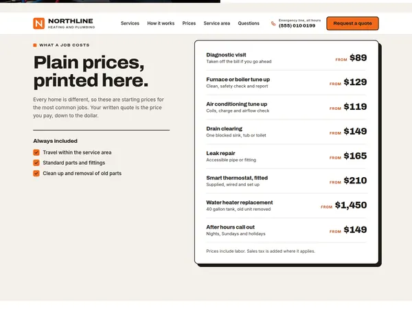 Northline price list with starting prices for common jobs.