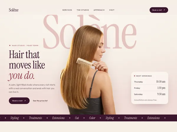 Solène concept home page, a woman with long blonde hair beside a tall serif headline on blush pink.