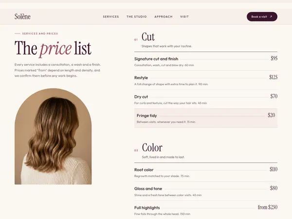 Solène price list with an arched photograph of wavy hair.