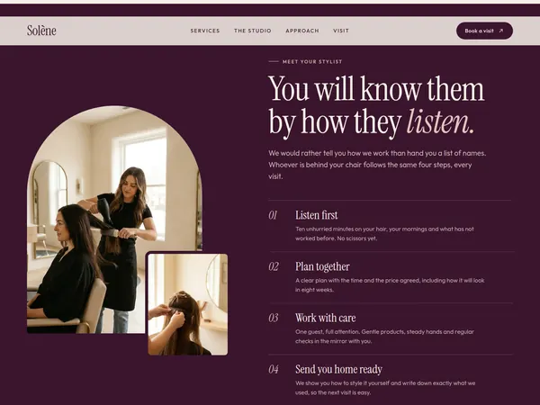 Solène stylist section on deep plum, with photographs in arched frames.