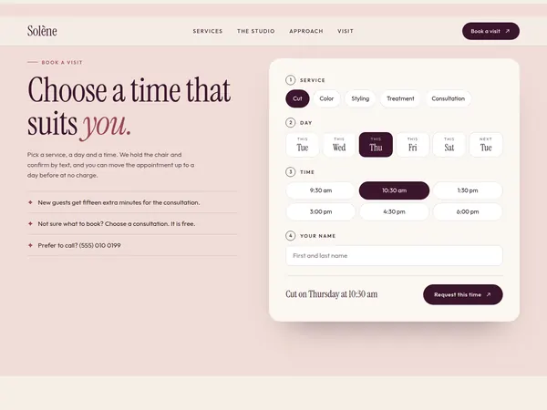 Solène concept booking panel, with buttons to choose a service, a day and a time.