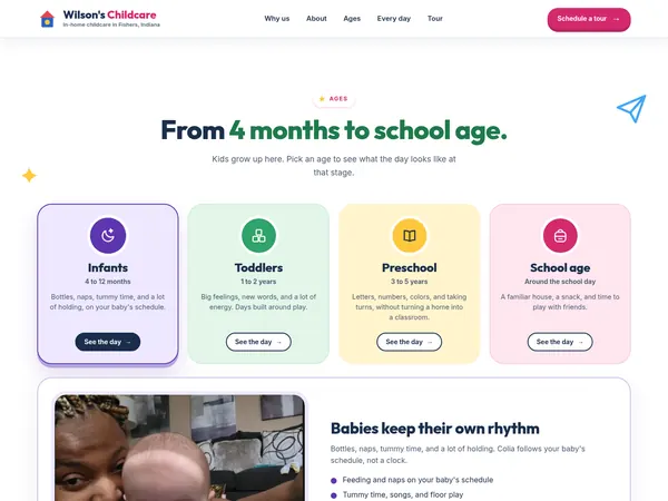 Wilson's Childcare age groups section, with a colored card for infants, toddlers, preschool and school age.