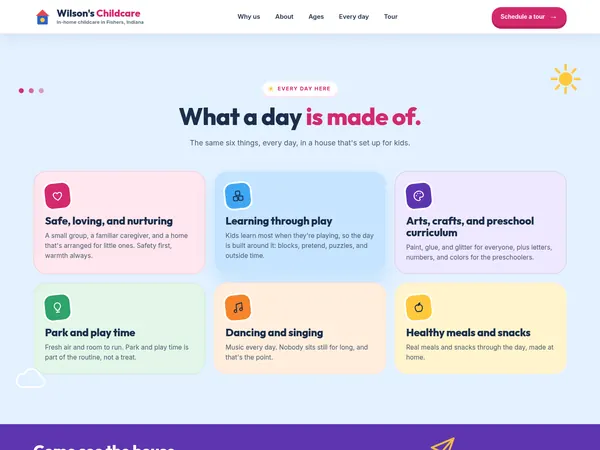 Wilson's Childcare daily activities section, a grid of pastel cards on a pale blue background.